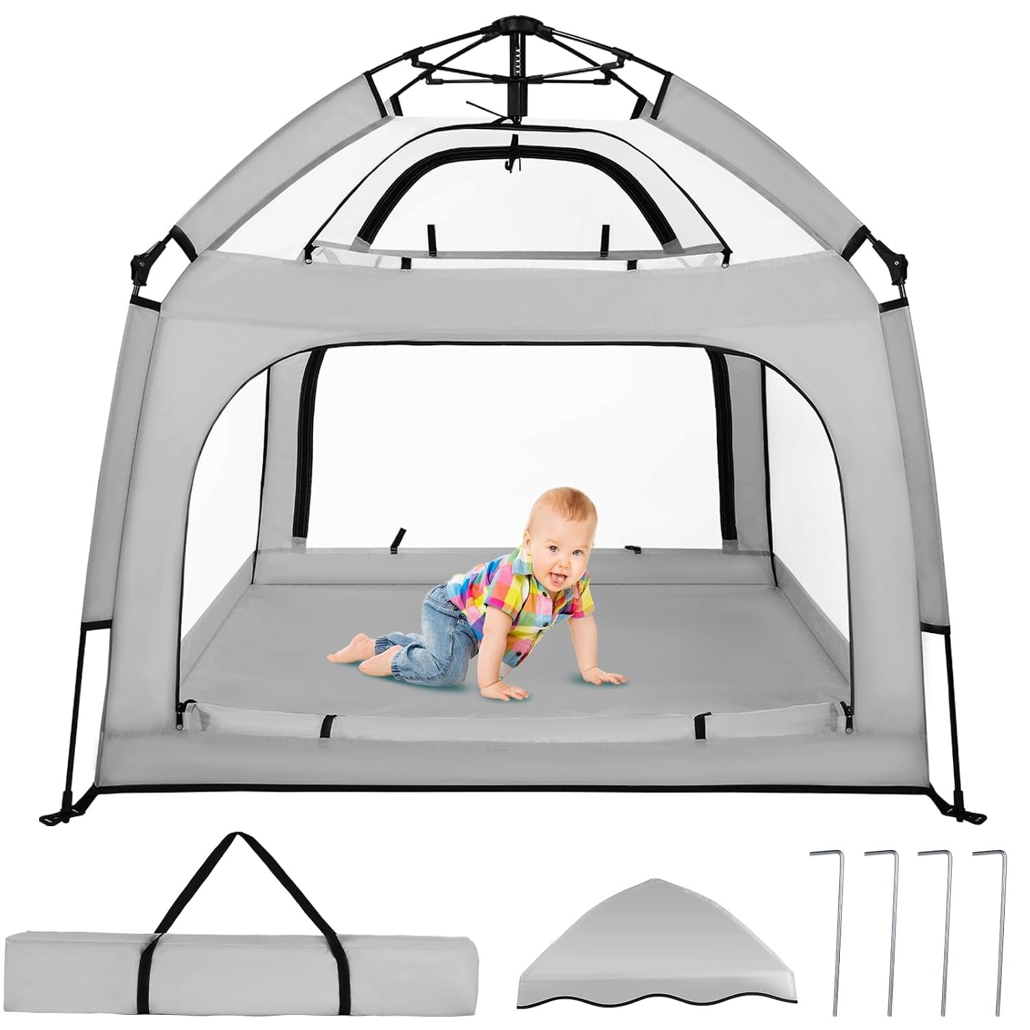 Bend River Baby Playpen with Canopy, Square Toddler Beach Tent (Grey) | Portable Infant Play Yard, Mosquito Net, Indoor and Outdoor, Instant Installation, Pop Up, Travel Bag