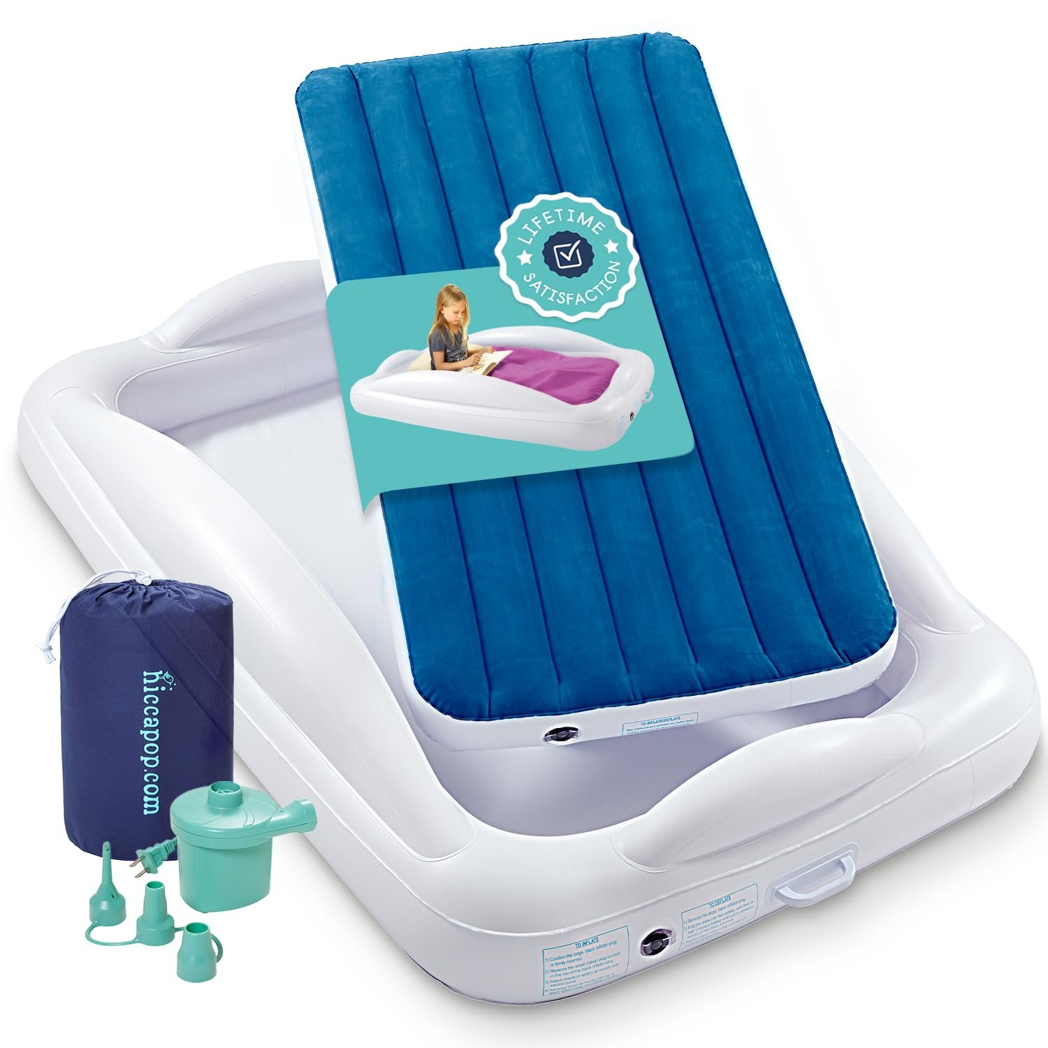 Hiccapop Inflatable Toddler Travel Bed with Safety Bumpers [4-Sided], Portable Toddler Bed for Kids, Kids Air Mattress, Toddler Air Mattress – Navy Blue
