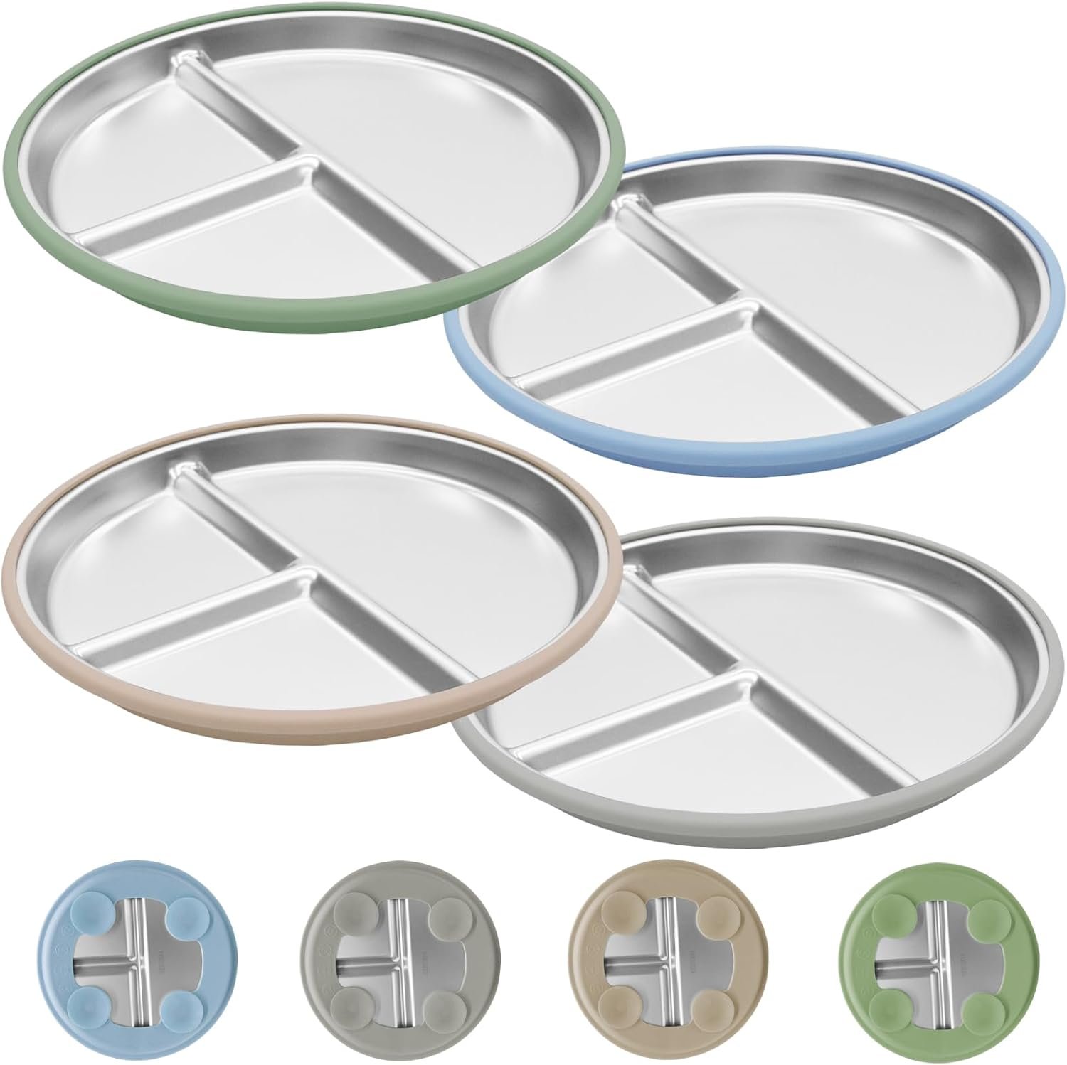 4 Pack Stainless Steel Toddler Plates with Suction | Kids Baby Plates Set with Sturdy Silicone Suction Base Easy to Clean 9 inch