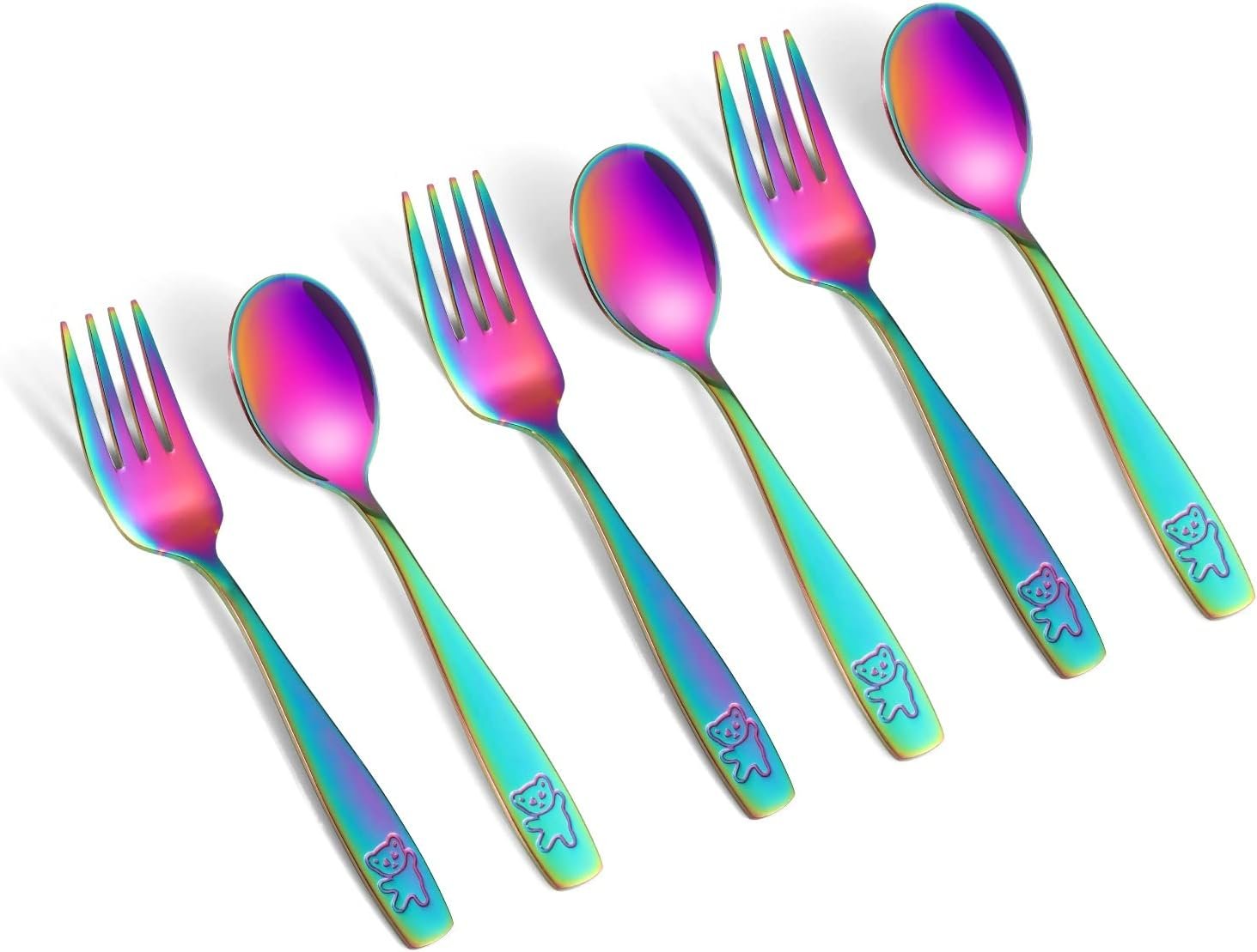 6 PCS Toddler Utensils Rainbow Silverware Stainless Steel Fork and Spoon | Kid-size handles, smooth edges, engraved bear detail, dishwasher safe, for self-feeding and daily meals