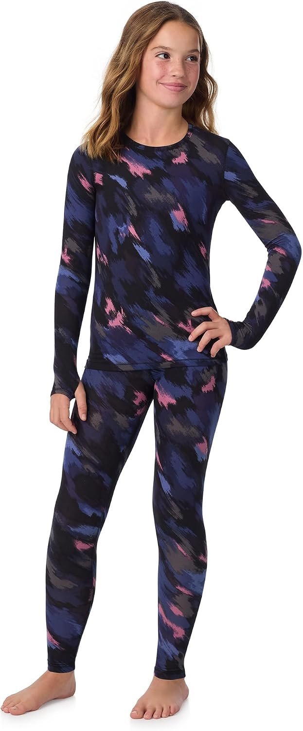 Cuddl Duds Lightweight 2 Piece Active Base Layer Matching Sets for Girls | Kids Everyday Activewear, Long Sleeve Top & Leggings, Back to School & Gym Clothes, Breathable Moisture Wicking Lounge Set