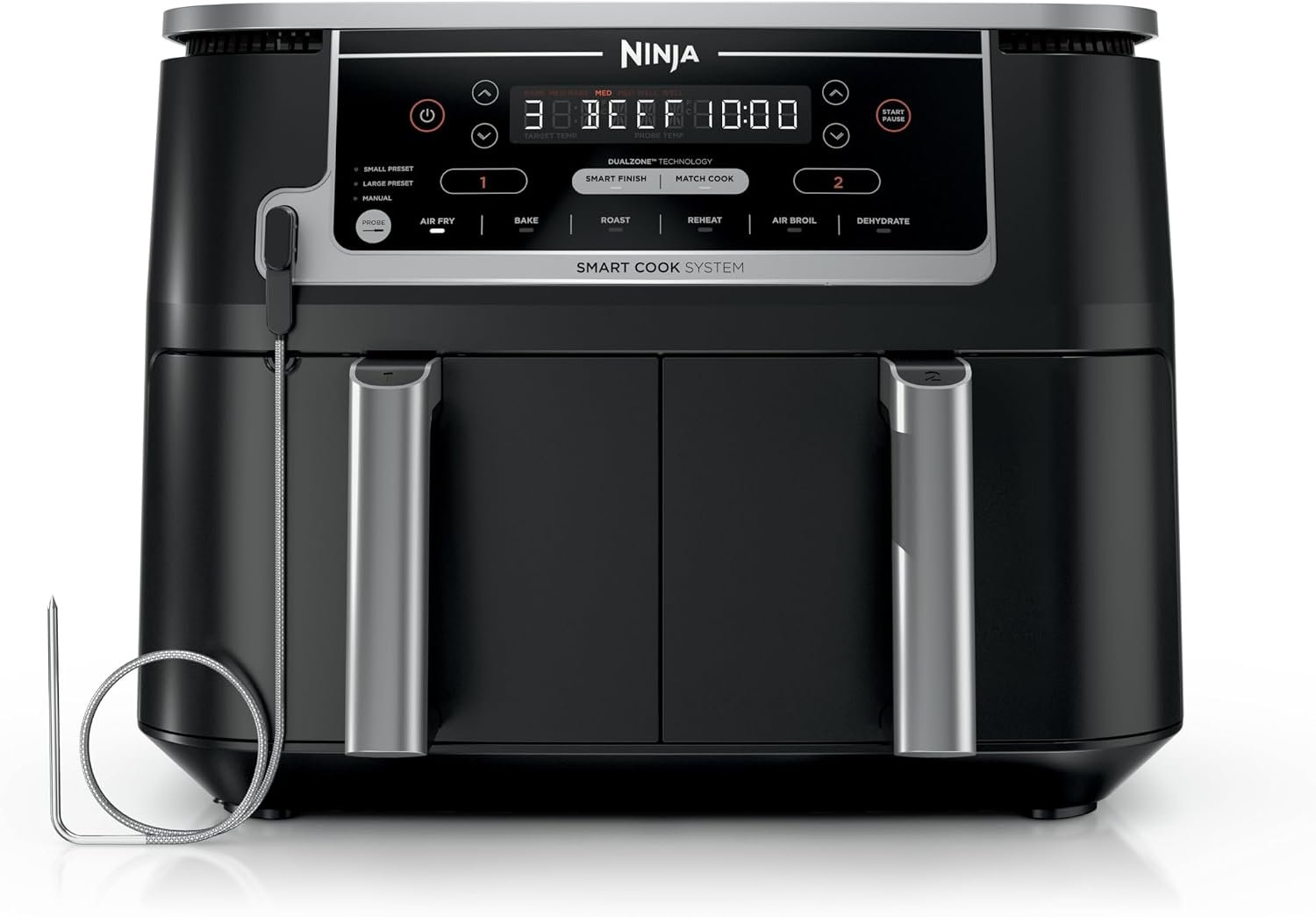 Ninja DZ550 Foodi 10 Quart 6-in-1 DualZone Smart XL Air Fryer with 2 Independent Baskets, Cook Thermometer for Perfect Doneness, Match and Finish to Roast, Dehydrate and More, Black | Air fry, roast, broil, bake, reheat, dehydrate, Smart Cook thermometer, Match Cook, Smart Finish