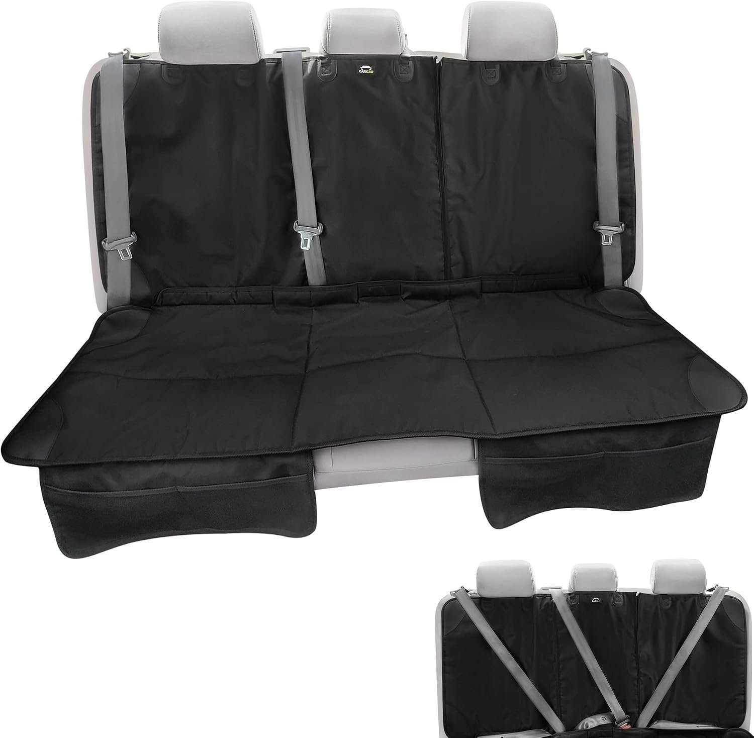 Car Seat Protector, Under Child Car Seats Cover | Waterproof, 3 Functional Rear Belts, Baby Carseat Cushion, Covers Fabric and Leather Seats | 4Pockets Non-Slip Thick Padding