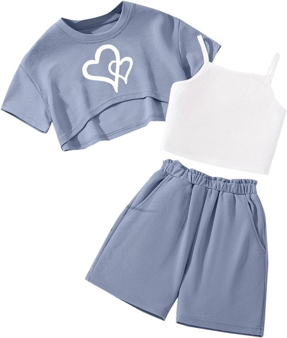 Girls Summer 3 Piece Outfits Graphic Crop Top, Cami and Short Sets | 7-14 Years Short Sleeve Crop Tee, Basic Camisole and Elastic Waist Short Clothes Set for Vacation Beach and School Days