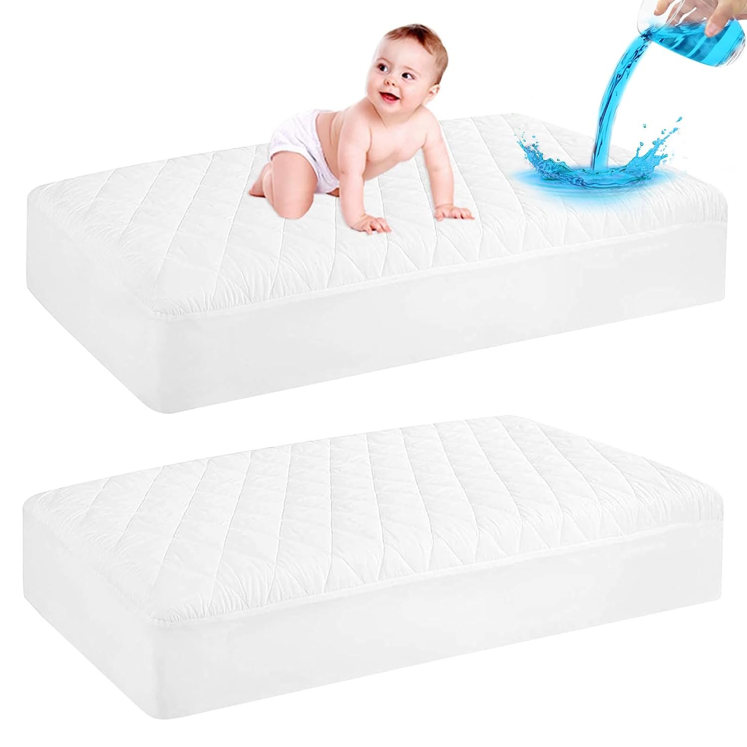 2 Pack Waterproof Crib Mattress Protector, Quilted Baby Mattress Cover Fitted Deep Pocket from 4″ up to 9″, Extra Soft Breathable & Noiseless Toddler Mattress Pad 52″x28″, White