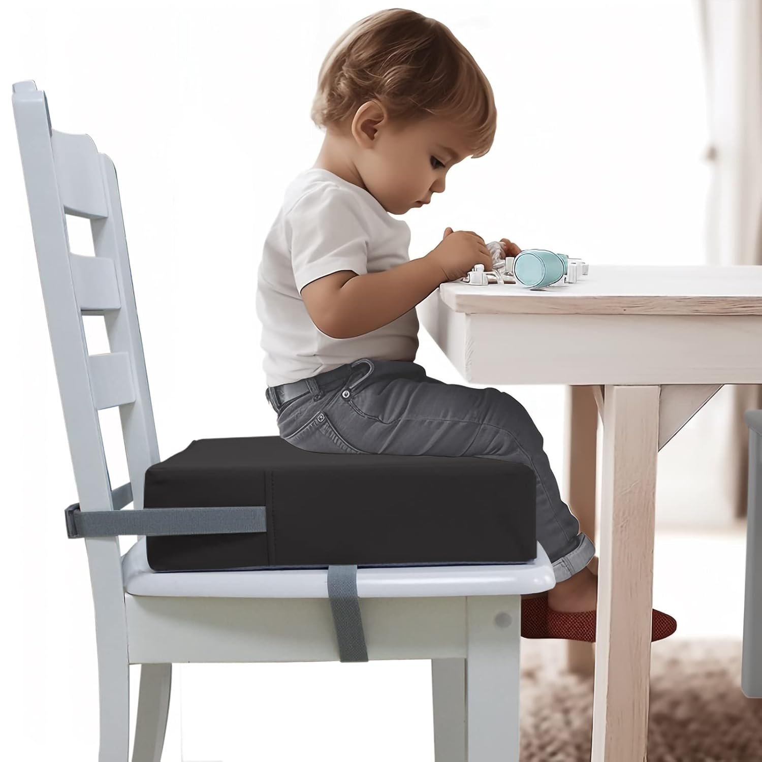 Eiury Booster Seat for Kitchen Chair, Toddler Booster Seat for Dining Table, Waterproof PU Leather Kids Seat Cushion with Adjustable Straps, Non-Slip Bottom, Wipeable Seat Pad,Dark Grey