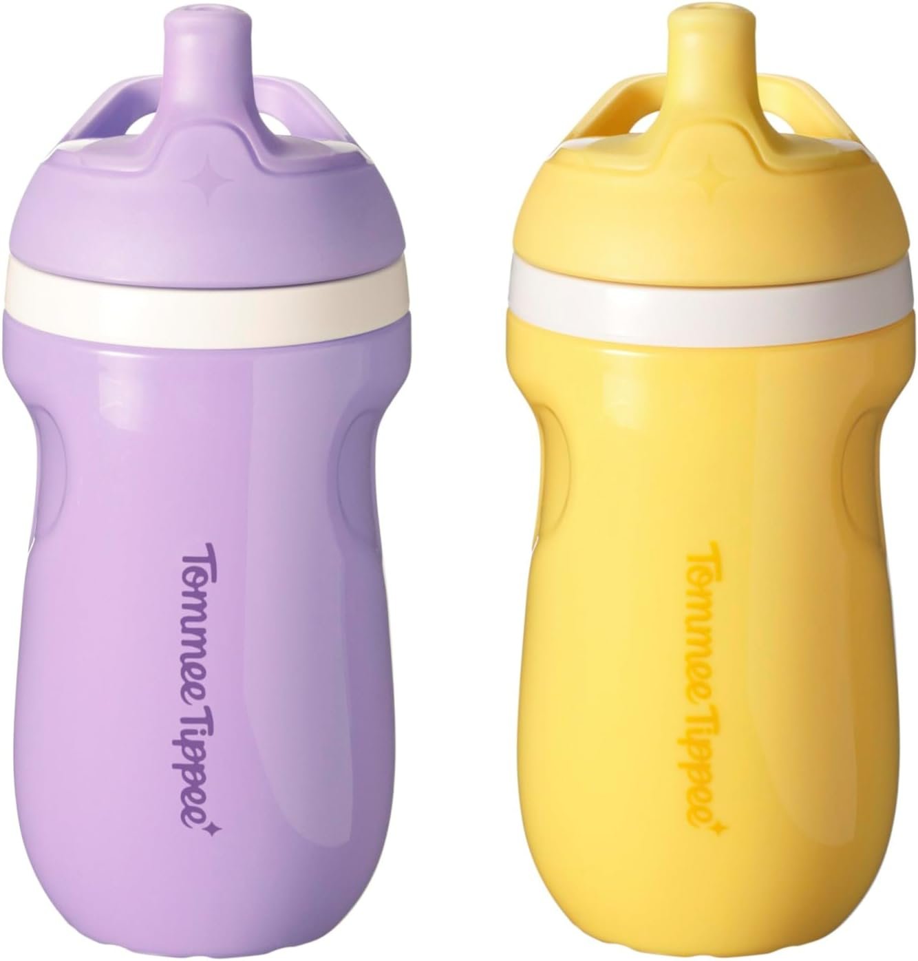 Tommee Tippee Toddler Sippy Cup, Sporty Spout, 1-3 Years, Insulated | Pack of 2, 9oz, No Spill Two-Piece Valve, Yellow & Purple, BPA Free