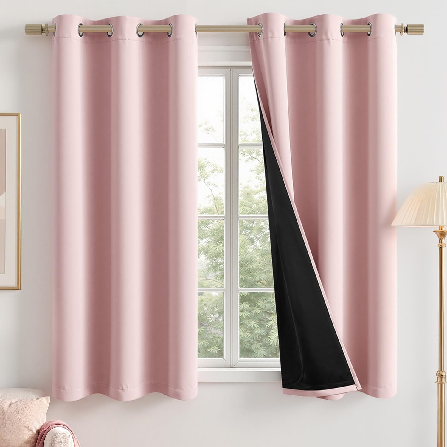 MIULEE Light Pink 100% Blackout Curtains for Bedroom 63 Inch Long, 2 Thick Layers Thermal Insulated Black Out Window Curtains with Black Liner, Noise Reducing Living Room Drapes 2 Panels