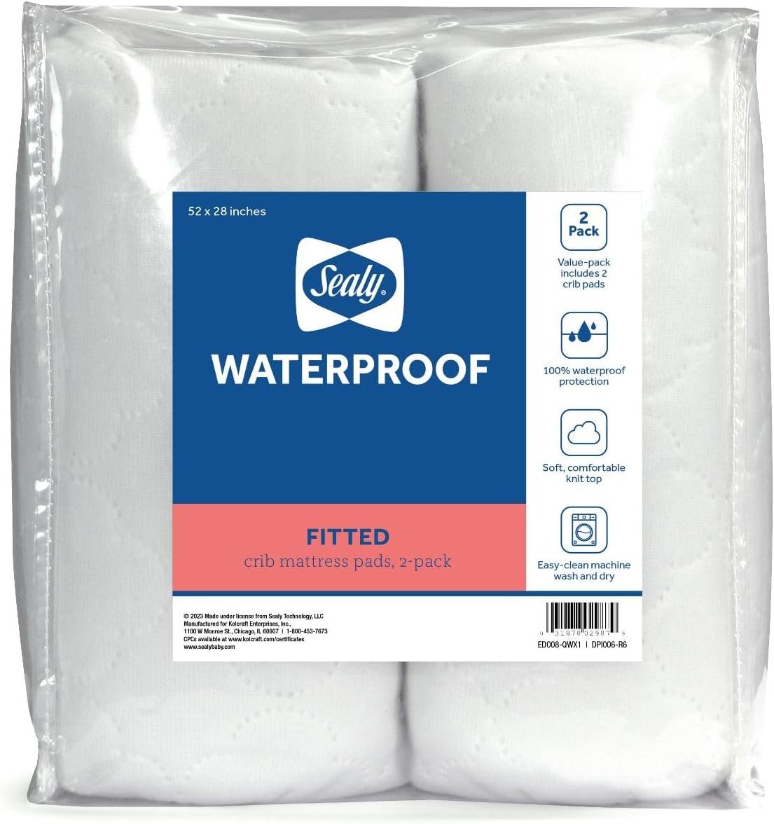 Sealy Baby Crib Mattress Protector – 2-PACK, Fitted Waterproof Infant Crib Mattress Pad and Toddler Bed Cover, Machine Washable and Easy to Clean, 52×28