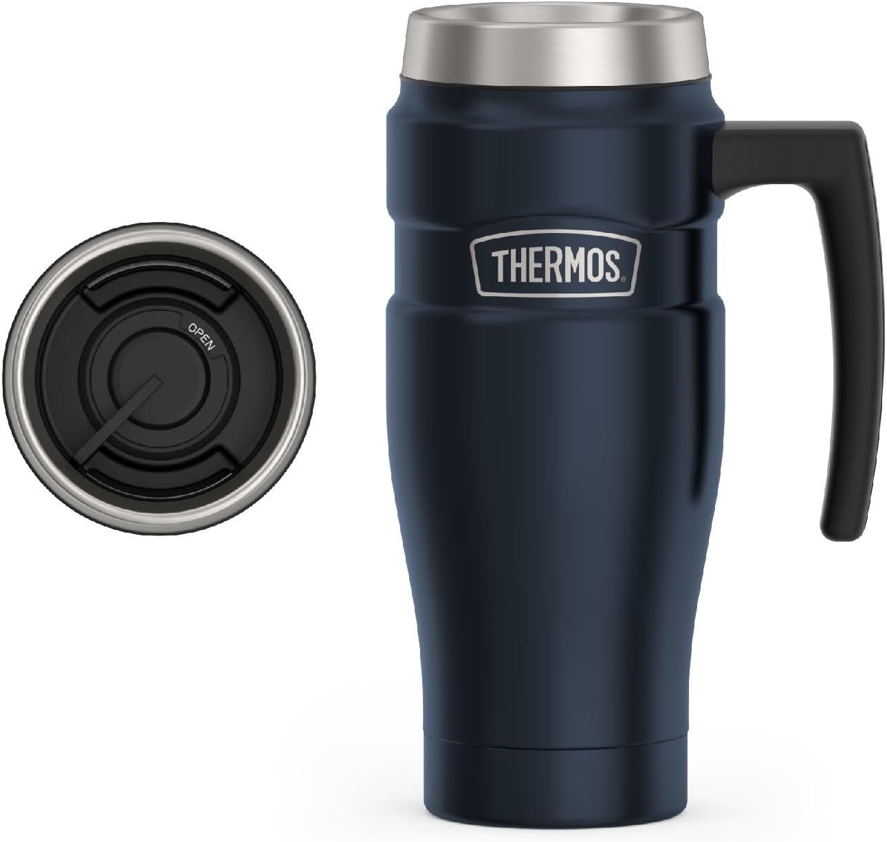 THERMOS Stainless King Vacuum-Insulated Travel Mug with Handle – 16oz, Midnight Blue – Thermos Tumbler for Hot & Cold Drinks – Leak & Sweat-Proof Stainless Steel Coffee Mug with Lid for Commuting
