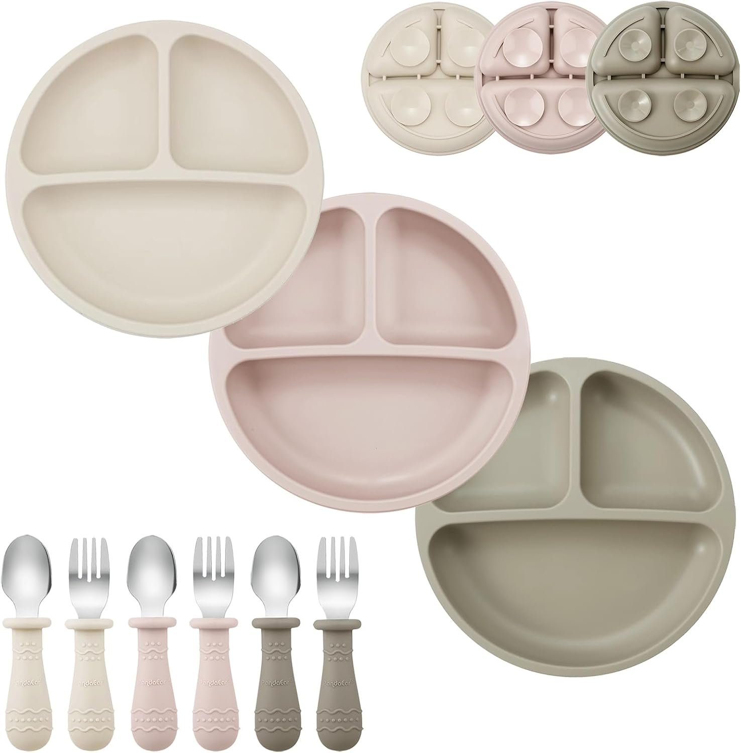 PandaEar 9-Piece Silicone Suction Plates for Toddlers with Spoons and Forks | BPA, PVC and phthalate free, dishwasher and microwave safe, divided sections, stays put on the table, easy to clean