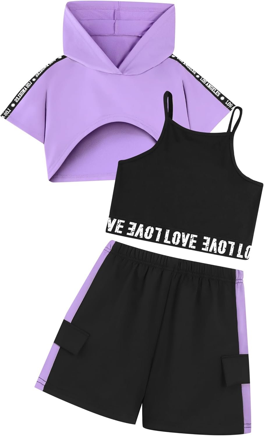 Hilinker Girls Graphic 3 Piece Outfits Summer Short Sleeve Crop Hoodie and Cami Top with Shorts Set Purple Black LOS 11-12 Years