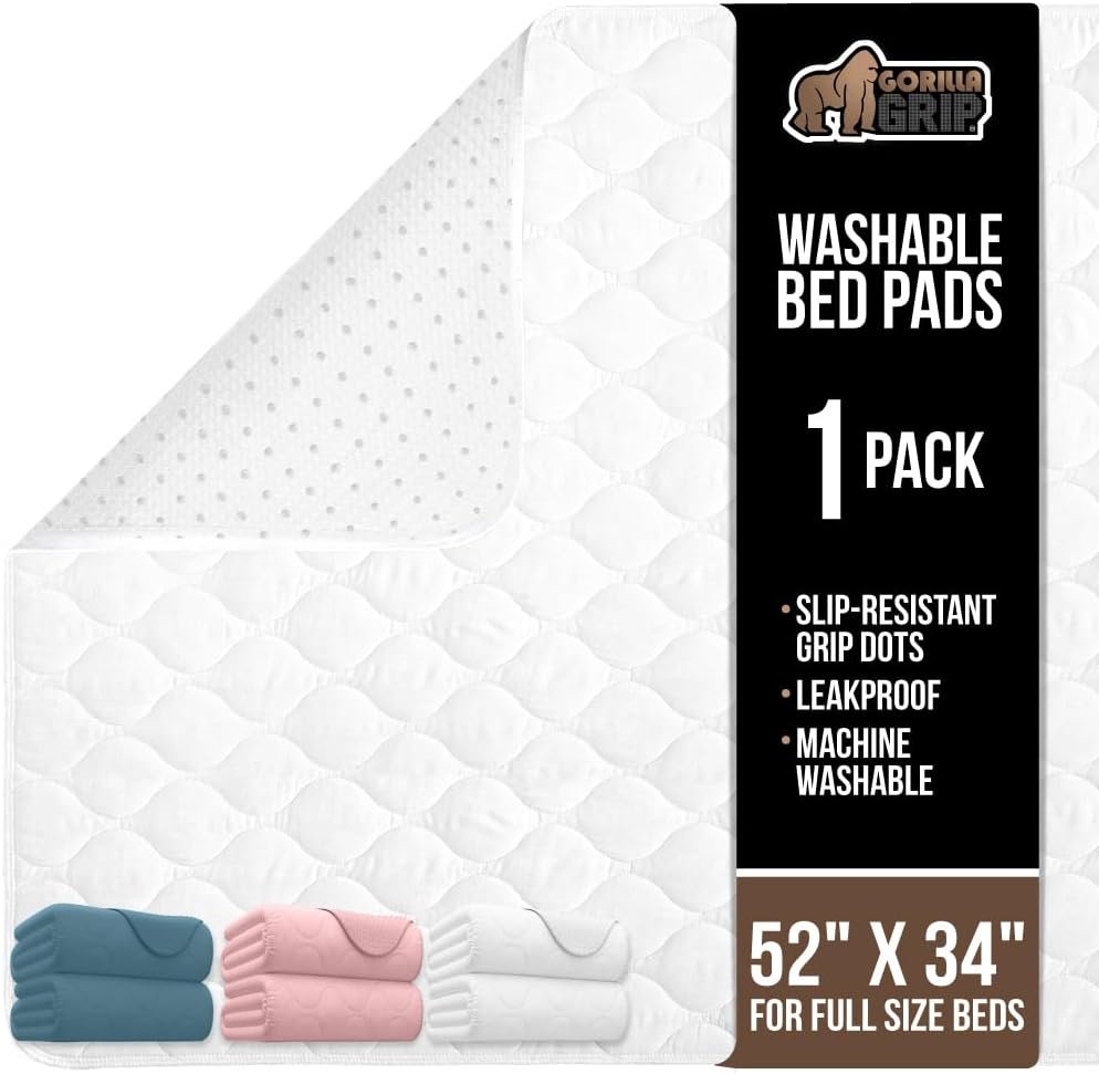 GORILLA GRIP Washable Underpads, Waterproof Reusable Heavy Absorbency Incontinence Bed Pads, Leak Proof Toddler Mattress Pad, 52×34 Slip Resistant Protector for Bedwetting, Adults and Kids, White