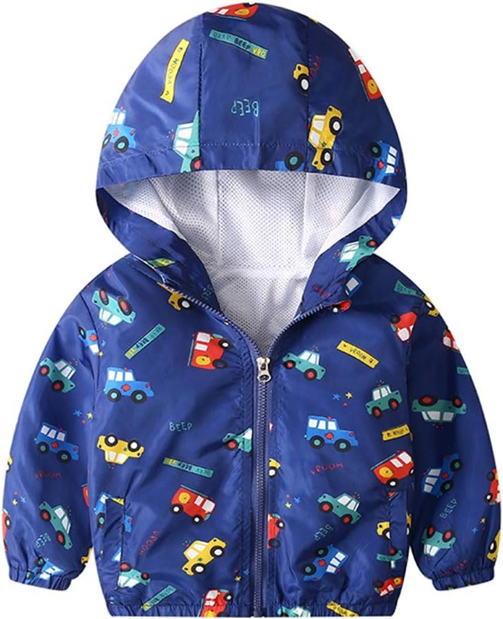 KISBINI Toddler Boy’s Cartoon Dinosaur Zip Jacket Lightweight Hooded Windbreakers Outdoor Raincoat