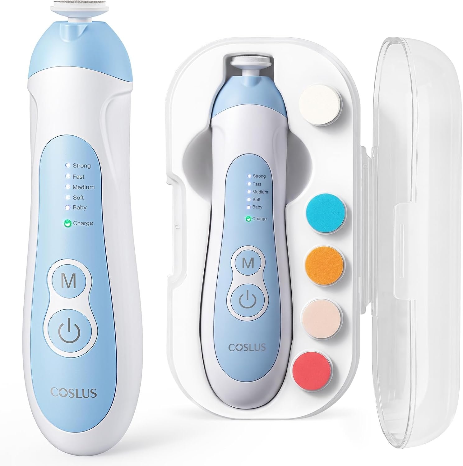 COSLUS C52 Baby Electric Nail File Trimmer, CPC Certified and Quiet Design | Cordless Baby Nail Clipper with 5 Speeds & 6 Grinding Heads for Newborn Infant Toddler, LED Light, Safe Sleep Buffer, Blue
