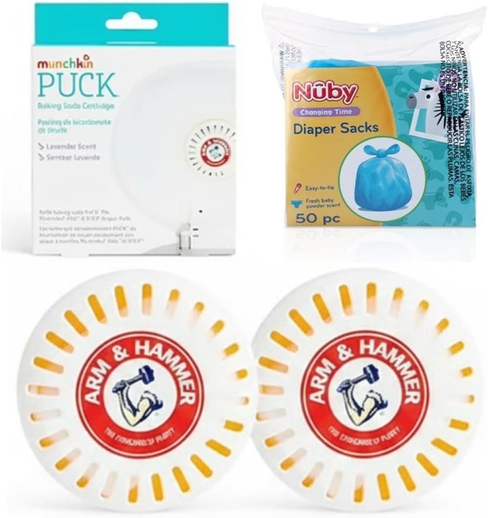 Odor Eliminator Cartridges, 2 Pack, Lavender Scent Baking Soda Pucks for Diaper Pails + Nuby Diaper Sacks, 50 Count Disposable Baby Diaper Bags