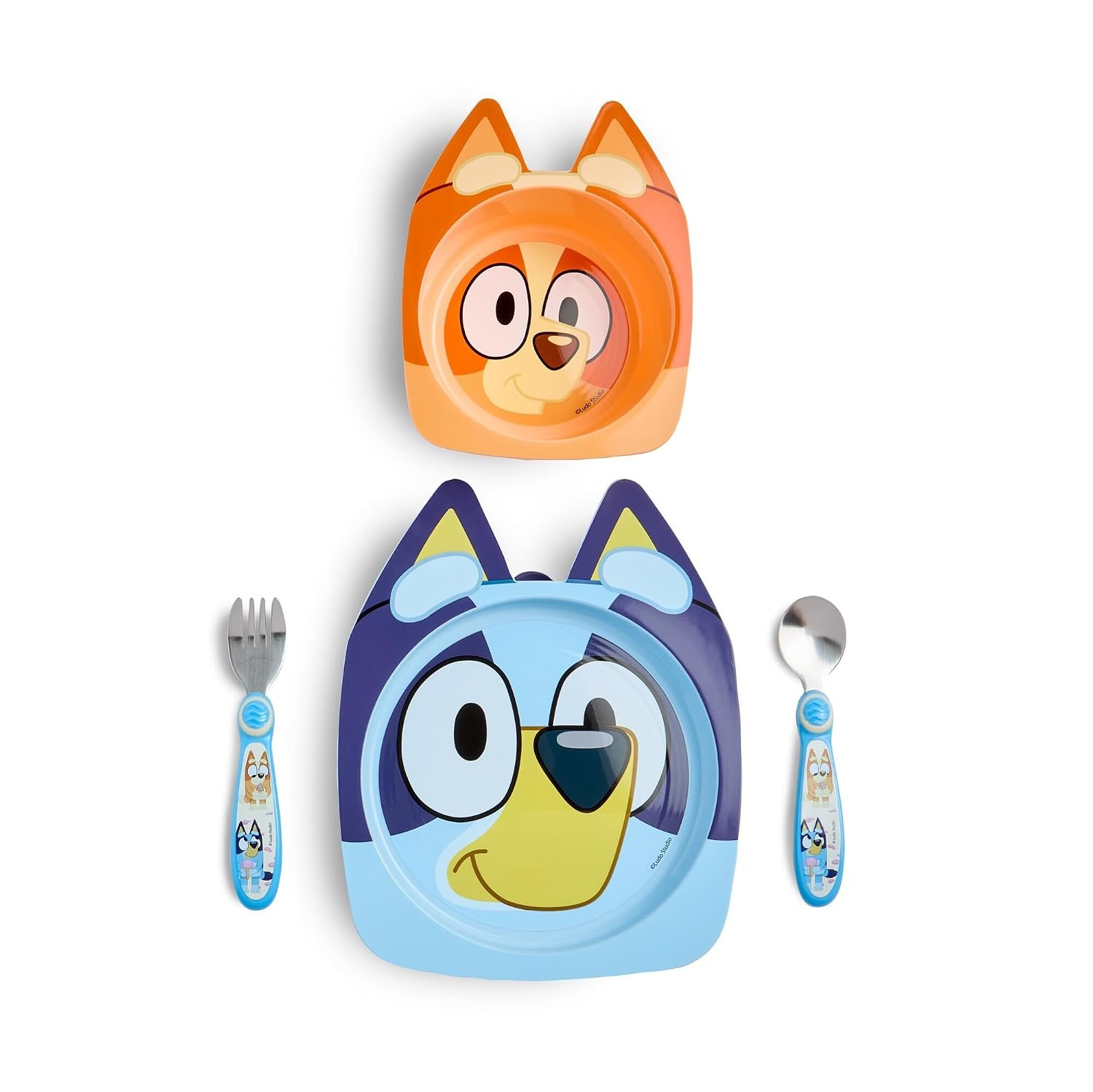 The First Years Bluey Kids Dinnerware Set – Includes Bluey Suction Plate, Bingo Suction Bowl, and Stainless Steel Toddler Silverware – Toddler and Baby Feeding Essentials – 4 Count