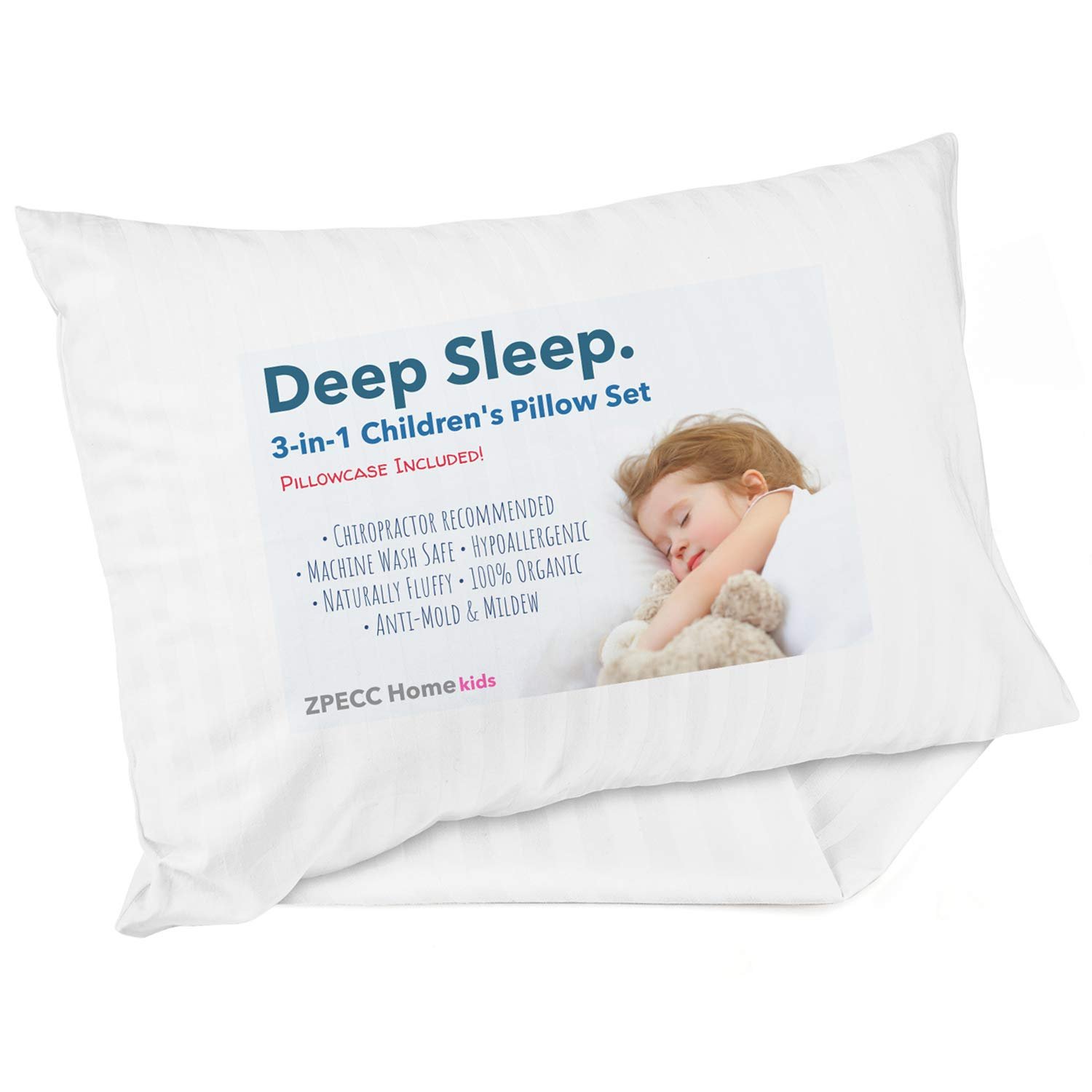 ZPECC Toddler Pillow with Pillowcase – 13×18 Organic Cotton Hypoallergenic Kids Pillow, Baby Essentials for Travel Crib Daycare Stroller (Intended for Age 2 and up) White Stripe