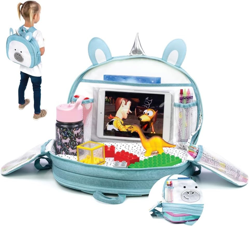 Lulyboo Unicorn Toddler Car Seat Tray & Backpack | Kids Travel Lap Desk with Writing Surface, Built-in Cup Holder, 8 Pockets, Tablet Holder, Waterproof & Portable for Car, Airplane, and On-the-Go