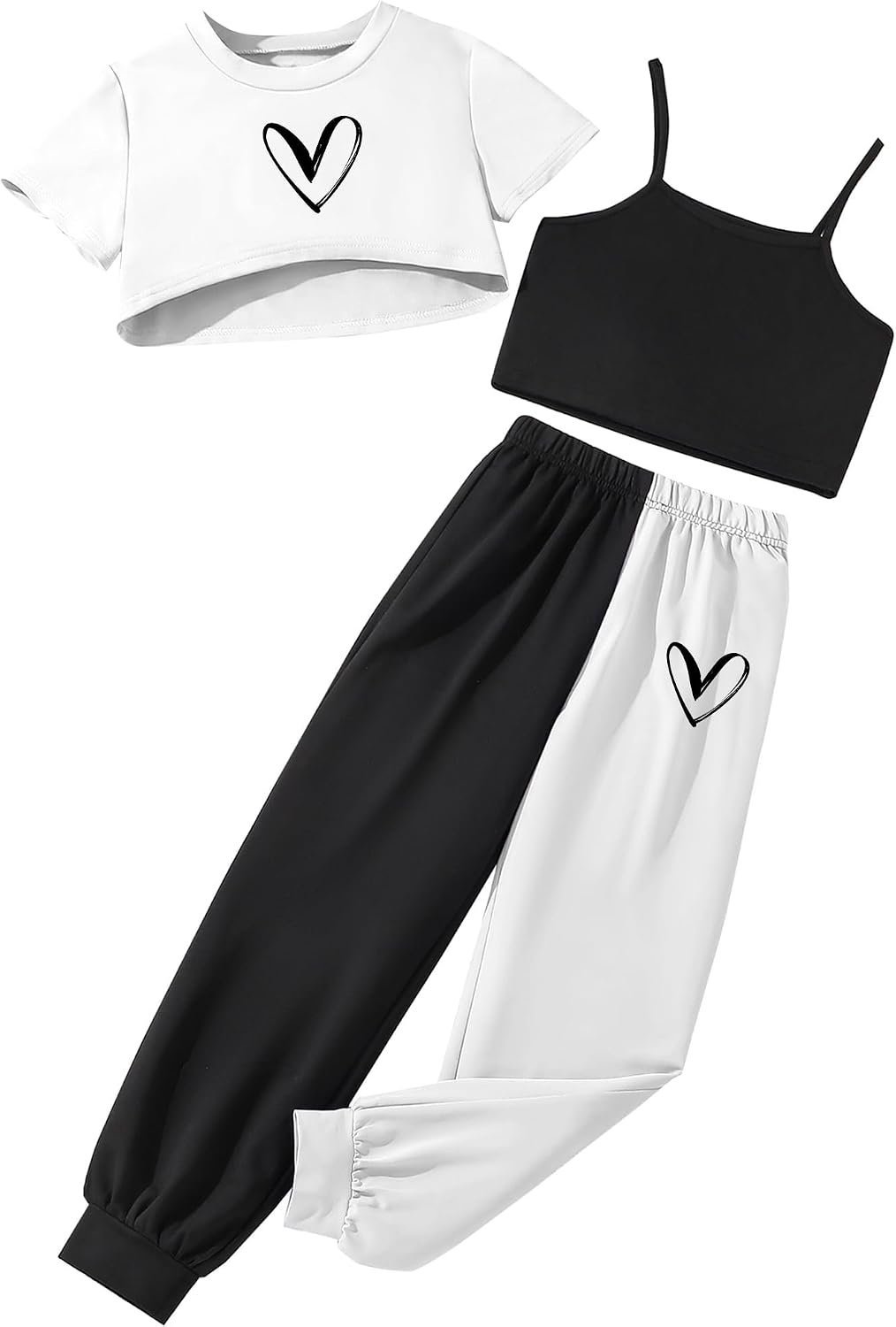 Girls Summer 3 Pieces Outfits Graphic Crop Top Cami and Color Block Sweatpants Clothing Set