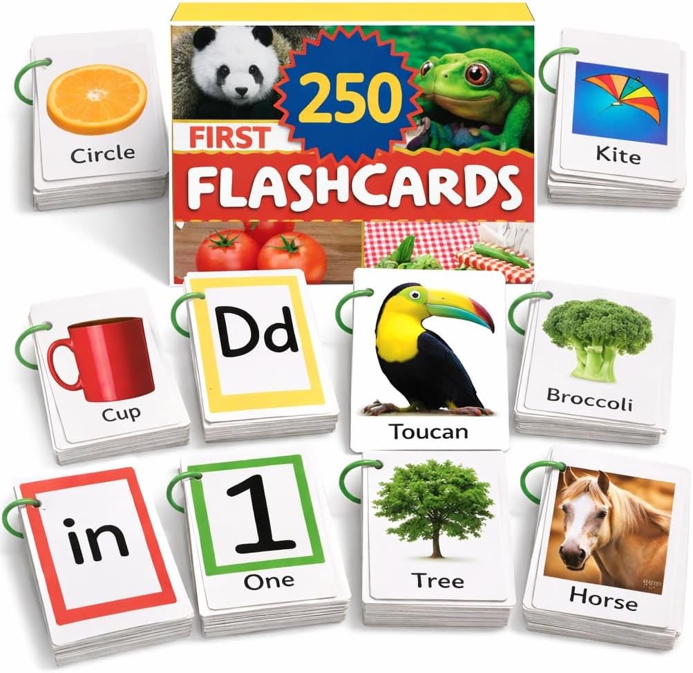 250 Thick & Sturdy Learning Flashcards for Toddlers 1-3 with Rings – Alphabet Flash Cards & Sight Words for Toddlers 2-4 yrs Included – Toddler Flash Cards Ages 2-3