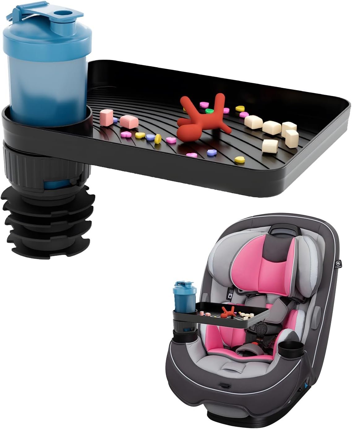 SEVEN SPARTA Car Seat Tray for Kids Toddler Travel with Soft Rubber Base | Rotatable and Removable Cup Holder Snack Tray for Food Color and Play for Family Road Trip Essentials, 1pcs, Standard Base