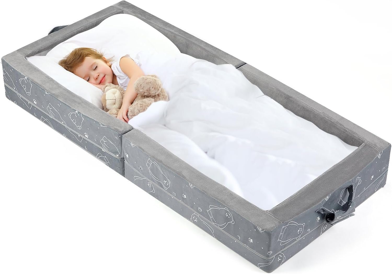 Umoving Portable Toddler Travel Bed – Foldable Soft Foam Floor Crib, Gery | Portable Toddler Floor Bed with Washable Cover, Built-in Safety Rails, No Assembly, Compact for Travel & Home Use