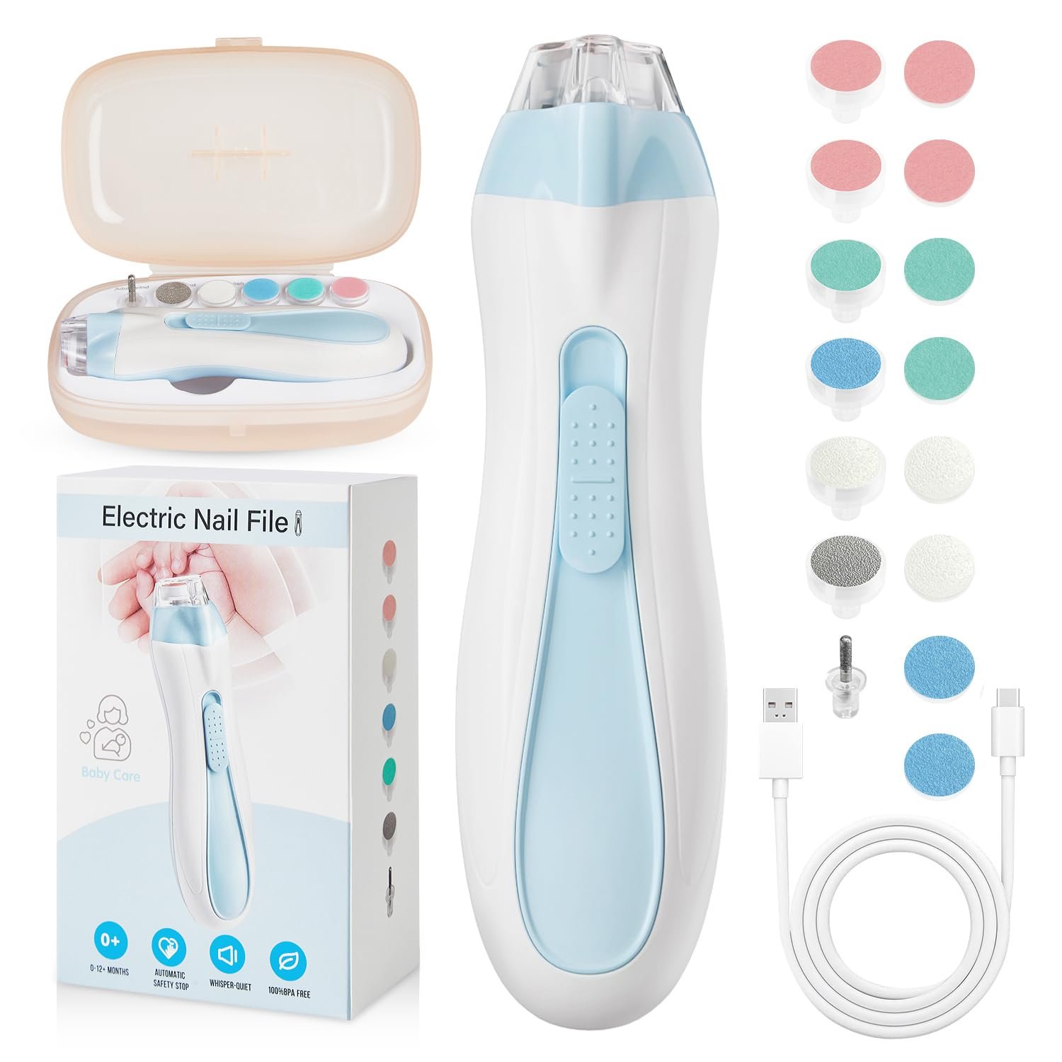 Electric Nail File Baby for Gentle Nail Care, Blue | 15 in 1 Nail Filer Care Kit, Rechargeable, Portable, Easy to Use, Whisper Quiet & LED Lighted, For Infant Toddler
