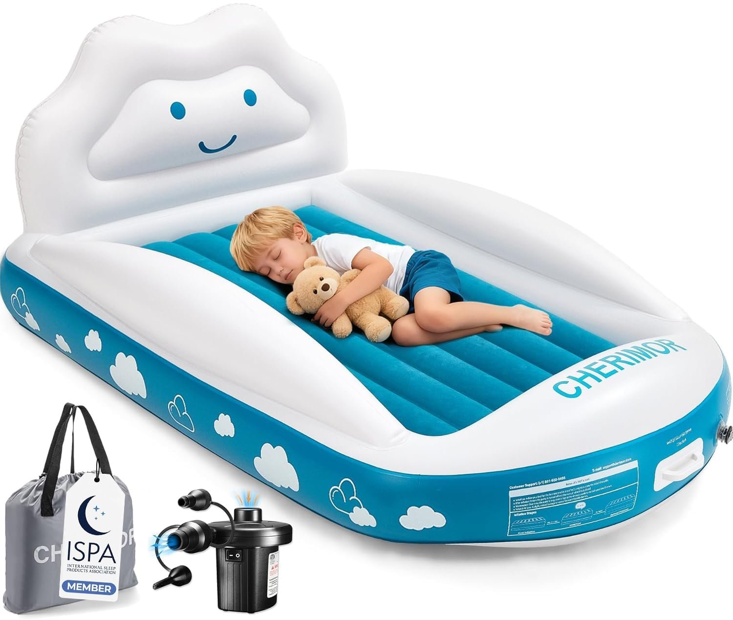 CHERIMOR Inflatable Toddler Travel Bed with Safety Bumpers & Electric Pump | Portable Kids Air Mattress, 4-Sided Protection, Quick Setup, Designed for Travel, Camping, Grandma’s House and Sleepovers