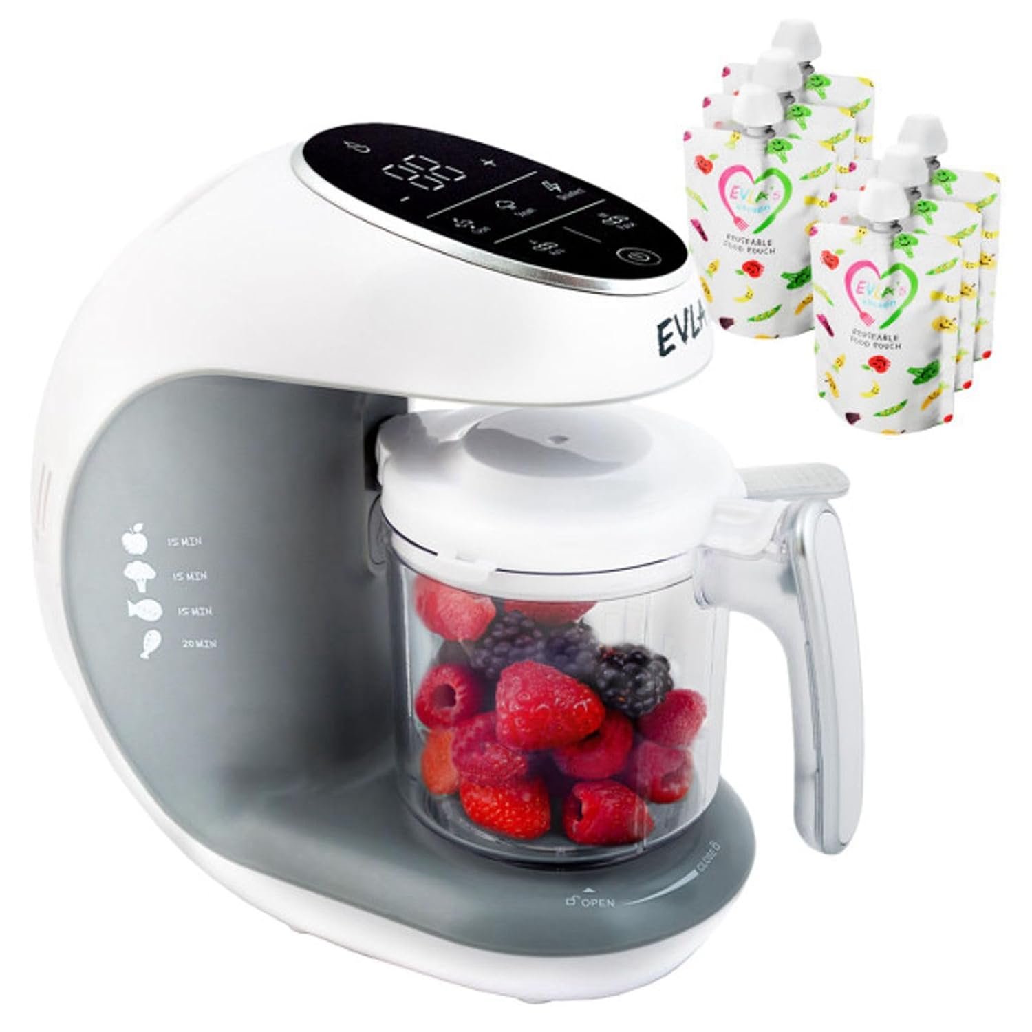 EVLA’S Baby Food Maker, Steamer, Blender, Baby Food Processor for Healthy Homemade Baby Food in Minutes, Touch Screen with 6 Reusable Food Pouches, Baby Registry Essential, White | Blend, Grind, Steam, and Cook Homemade Baby Food, Self Cleaning Machine with Touch Screen