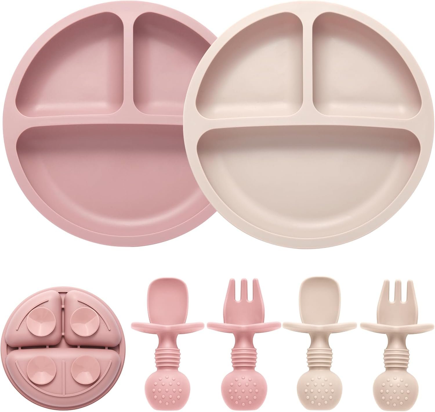 Eascrozn 2 Pack Divided Toddler Plates with Suction, Spoons and Forks Set | BPA Free, Silicone Feeding Set, Baby Led Weaning Supplies, Baby Utensils for Feeding Essentials, Dishwasher Safe