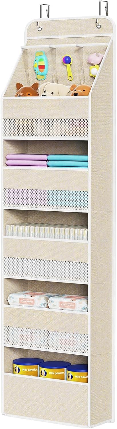 Univivi Over the Door Organizer for Baby Nursery, Beige Pattern, 6-Shelf | Door Storage with Large Capacity Breathable Mesh Pockets, Fabric Over Door Organizer for Baby Essential, Bedroom and Dorm