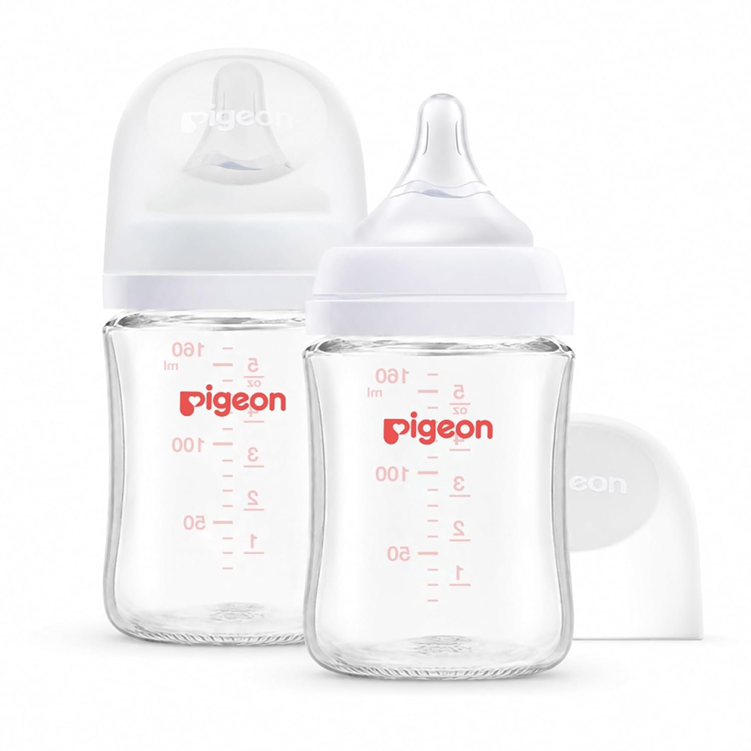 Pigeon Glass Nursing Bottle Wide Neck, Anti-Colic, Streamlined Body, Natural Feel, Easy to Clean, Heat-Resistant, 5.4 Oz (Pack of 2), Includes 2pcs SS Nipples (0m+)