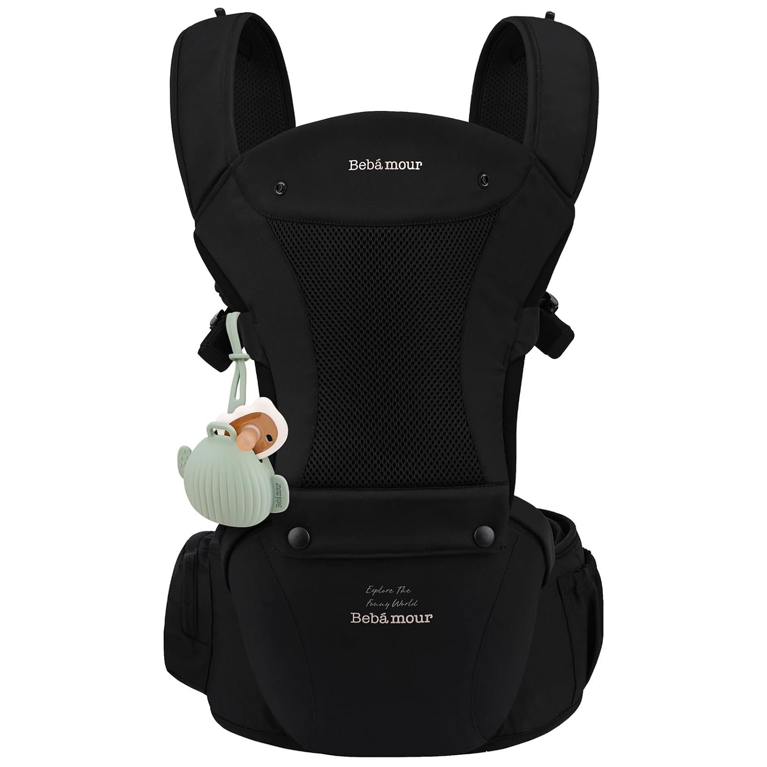Bebamour Baby Carrier with Hip Seat,All-Position Breathable Mesh Hip Seat & Carrier 0-36Months with Head Hood, 3 PCS Teething Pads, Waist Extender,Storage Bag & Pacifier Case,Black