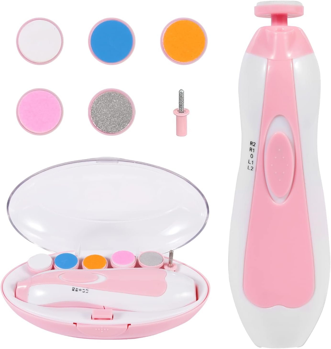 Baby Nail Trimmer Electric, Low Noise Newborn Safe Nail Clipper Kit with Light and Replaceable 6 Grinding Heads, Hand-Holding Care Polish and Trim for Infant Toddler Adults Toes Fingernails, Pink