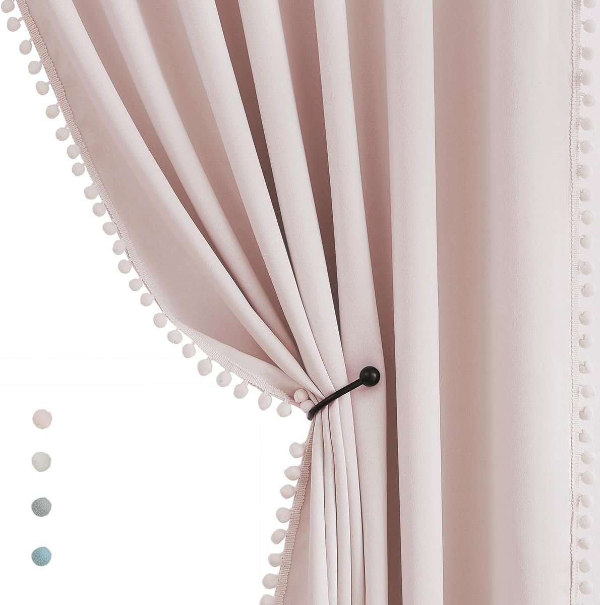 Treatmentex Pompom Blackout Curtains for Bedroom Pink Girls 84 inch Energy Efficient Thermal Insulated Living Room Darkening Curtain Panels for Kitchen Nursery Room 52″ w x2 Panels Rod Pocket