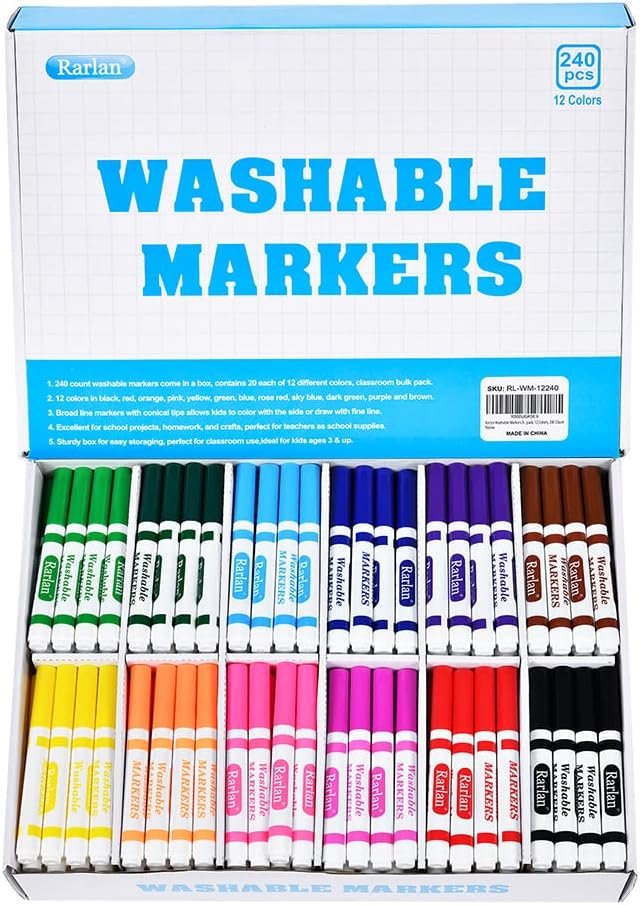 Rarlan Washable Markers Bulk for Kids, Bulk pack, 12 Colors, 240 Count | Broad Line Conical Tip Coloring Markers, Classroom Must Have, School Supplies, Art Supplies & Back to School
