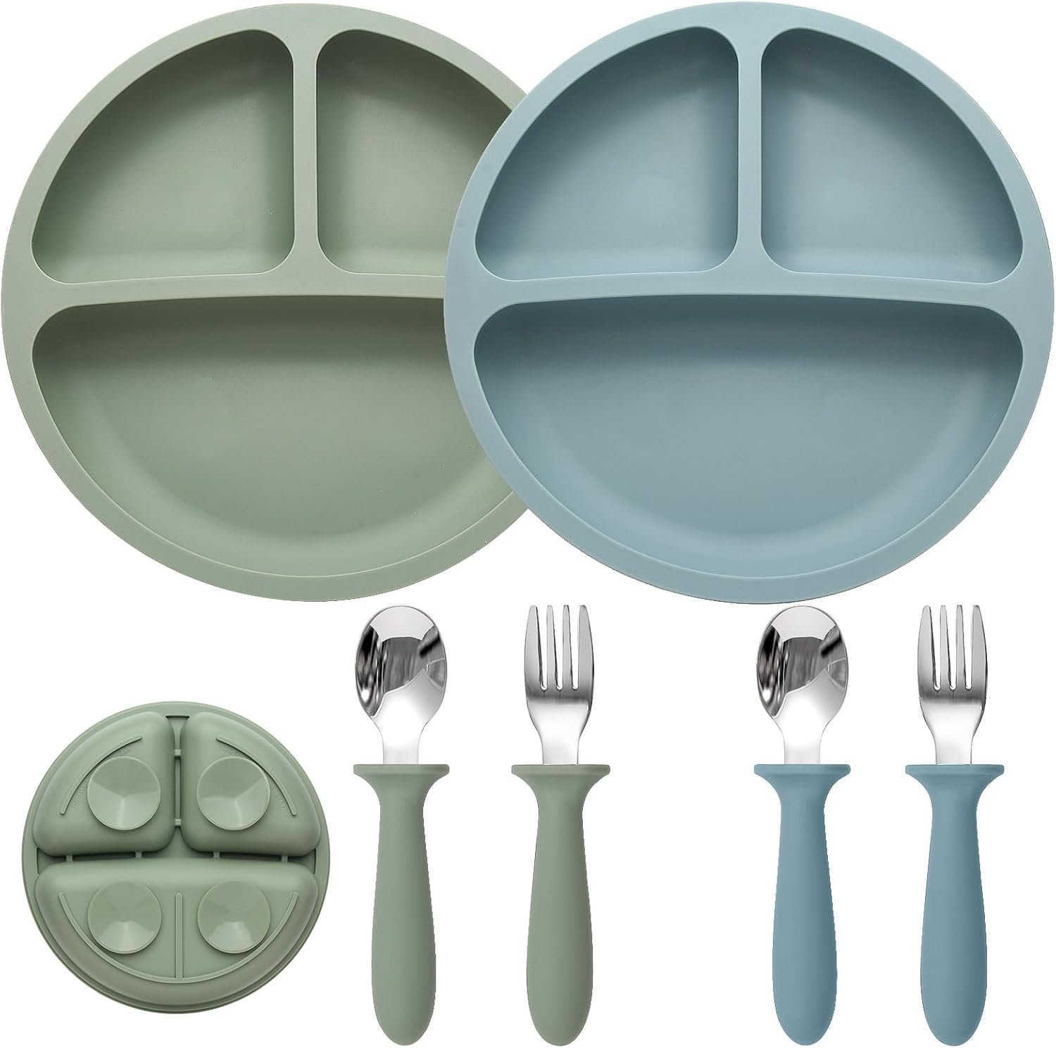 Eascrozn 2 Pack Silicone Suction Plates for Baby, Spoons and Forks Set | Baby Feeding Set, Divided, BPA Free, Baby Led Weaning Supplies for Toddler Utensils, Dishwasher Safe