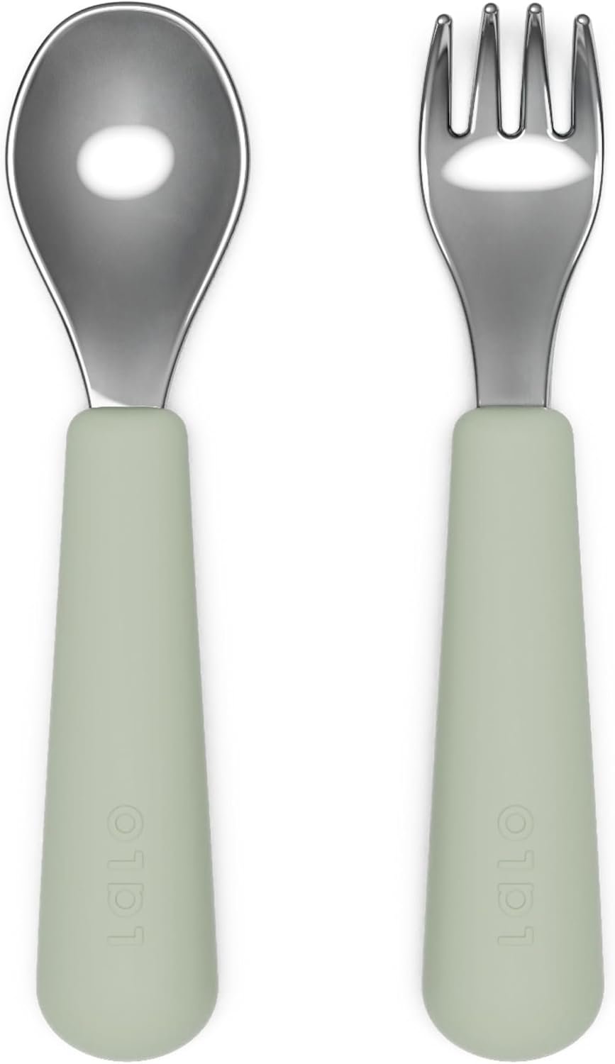 Lalo Utensils – Toddler Fork and Spoon Set – Stainless Steel and Silicone Ergonomic Toddler Utensils – Children Safe Flatware Set – 2 Pieces – Sage