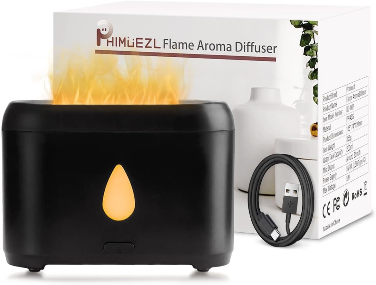 Flame Diffuser for Essential Oils, 200ml Ultrasonic Aroma Diffusers with Cool Mist, Aromatherapy Diffuser with Auto-Off Protection, Small Humidifier for Home,Office,Bedroom,Gift (Black)