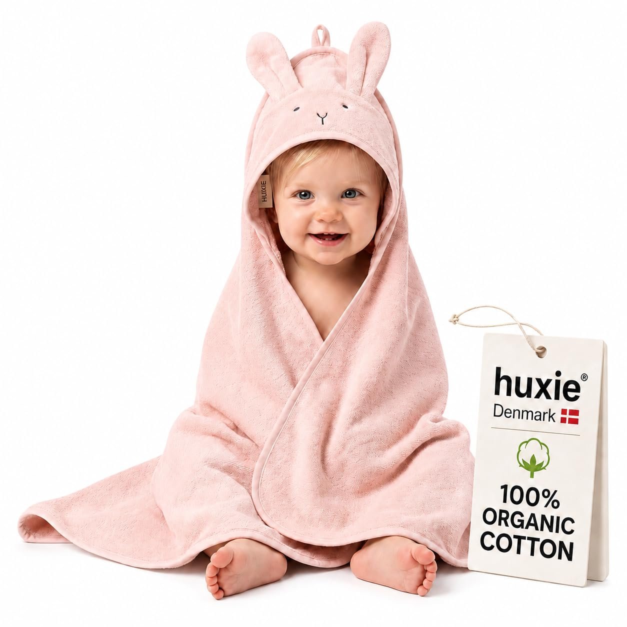 Hooded Baby Towel – 100% Organic Cotton Baby Bath Towels – Baby Girl Newborn Essentials – Super-Soft and Absorbent. (Rabbit – Blush)