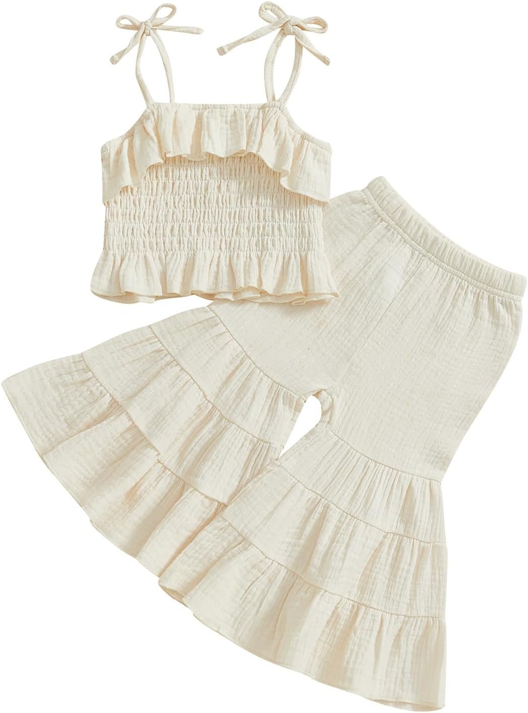 Kavousa Toddler Baby Girl Smocked Outfit Halter Shirt Flared Pants Set | Toddler Baby Girl Clothes, Ruffle Halter Shirt Bell Bottom Pants Set Boho Outfit, for Sping, Summer, Daily, Photoshoot, Beach