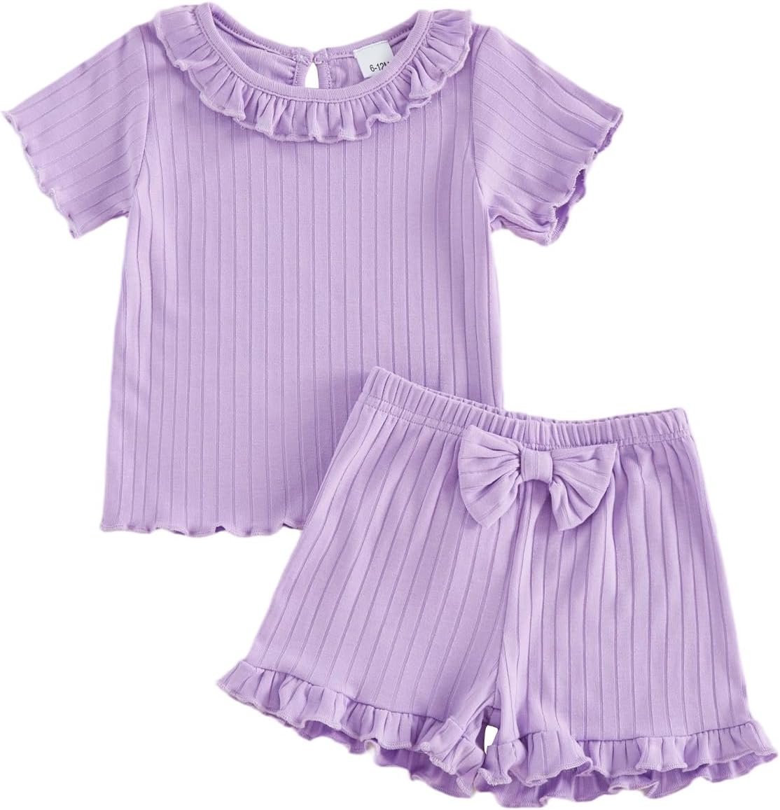 Kuriozud Toddler Baby Girl Clothes Cute Bow Short Sleeve T Shirts Top Ruffle Shorts Set 2 Piece Summer Outfits