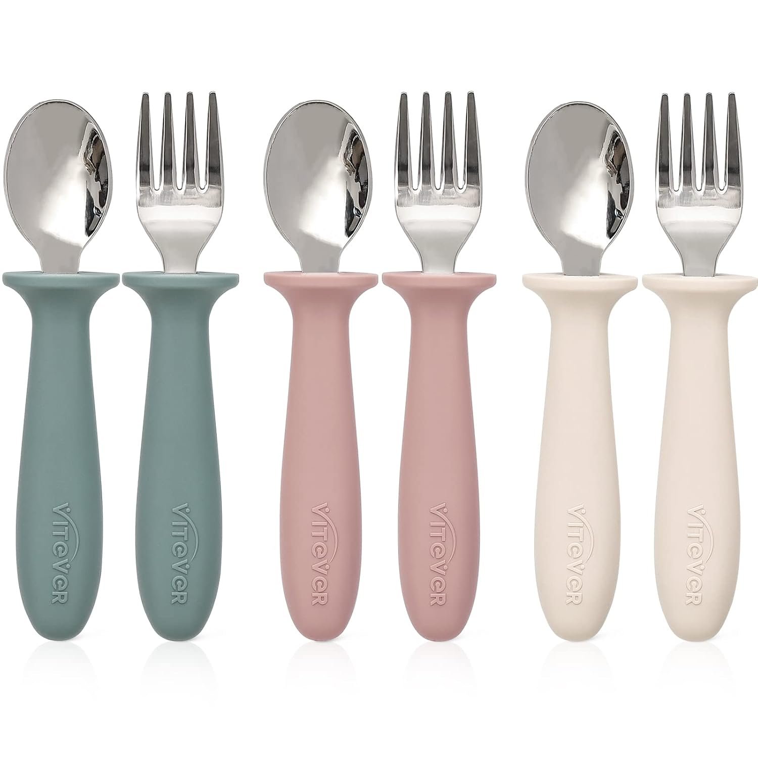 VITEVER 6 Pieces Toddler Utensils, Kids Silverware Set with Silicone Handle, Children Safe Spoons and Forks, 18/8 Stainless Steel, Food-grade Silicone – Dishwasher Safe