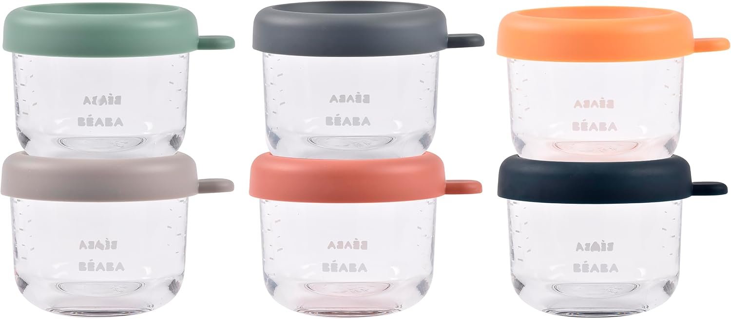 BEABA 6 Pack Glass Baby Food Jars with Soft Silicone Air Tight Lids, 5 oz Glass Storage Containers with Lids, Microwave and Freezer Safe Containers, Sunrise