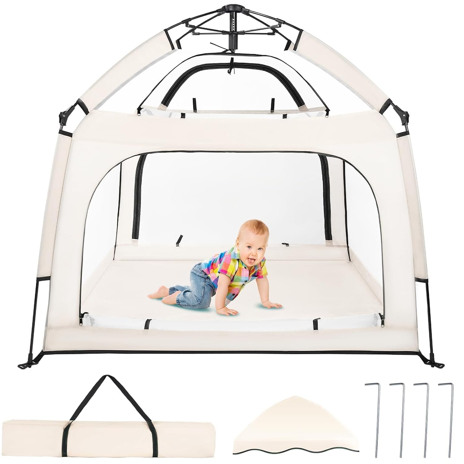 Bend River Baby Playpen with Canopy, Square Toddler Beach Tent (Beige) | Portable Infant Play Yard, Mosquito Net, Indoor and Outdoor, Instant Installation, Pop Up, Travel Bag