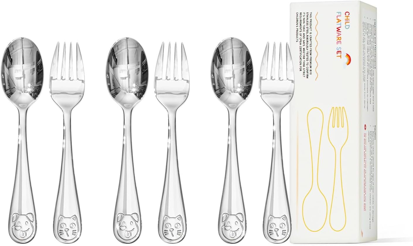 KINGSTONE 6 Pcs Small Toddler Utensils, 18/10 Stainless Steel, Cat & Dog | Food Grade Toddler Fork & Spoon, Ergonomic Self-Feeding Children’s Flatware for Home, Travel & Preschool, Dishwasher Safe