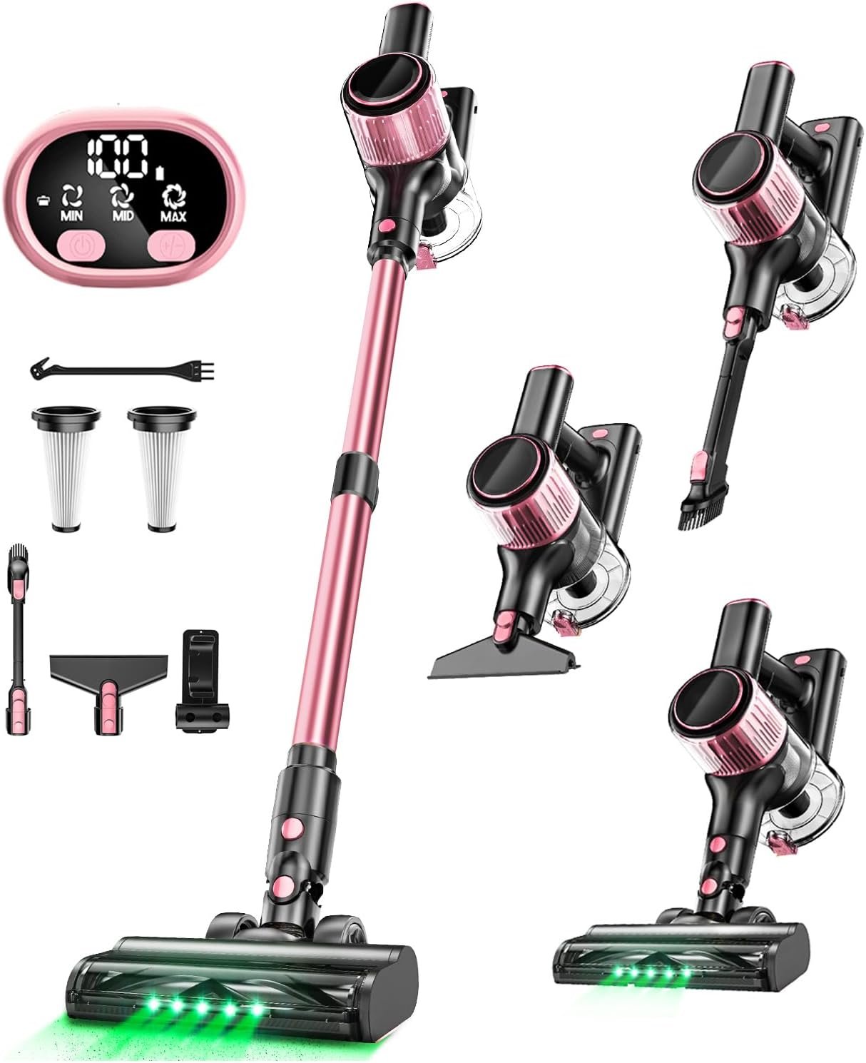 VICEASE Cordless Vacuum Cleaner, 8 in 1 Powerful Suction Lightweight Vacuum Cleaner for Home, LED Display, 3 Suction Modes, 45Mins Detachable Battery Stick Vacuum for Hard Floor Carpet Pet Hair, Pink