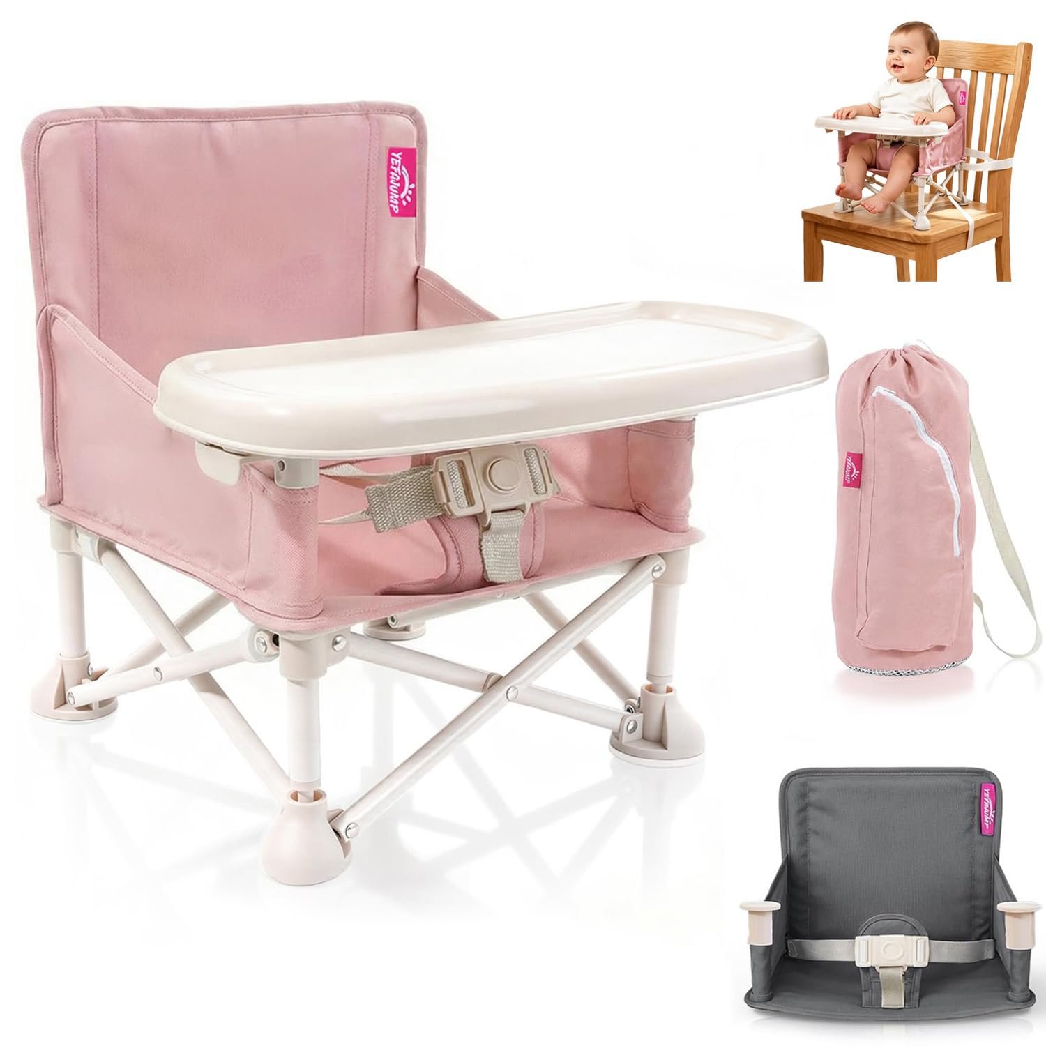 Portable Baby Chair, Baby Beach Chair with 2-Pack Interchangeable Seat Covers, Portable Booster Seat with Tray & Travel Bag, Compact Foldable, Easy-Swap Colors, Perfect for Travel