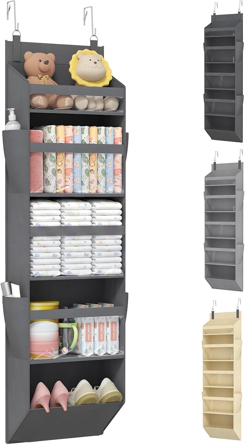 Lifewit 1 Pack Over the Door Organizer, 5 Section Clear Window Hanging Storage with 4 Side Pockets, Sturdy Anti Tilt 40 lbs Load Behind Door for Closet, Bedroom, Bathroom, Nursery, Dorm, Dark Gray